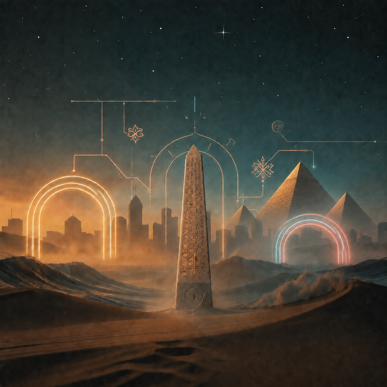 Adrecal artwork: a glowing obelisk and neon arches rising over desert dunes at dusk